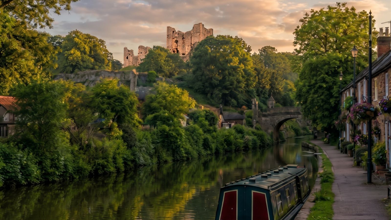 The Grand Union Canal in Berkhamsted at sunset, with the castle ruins behind